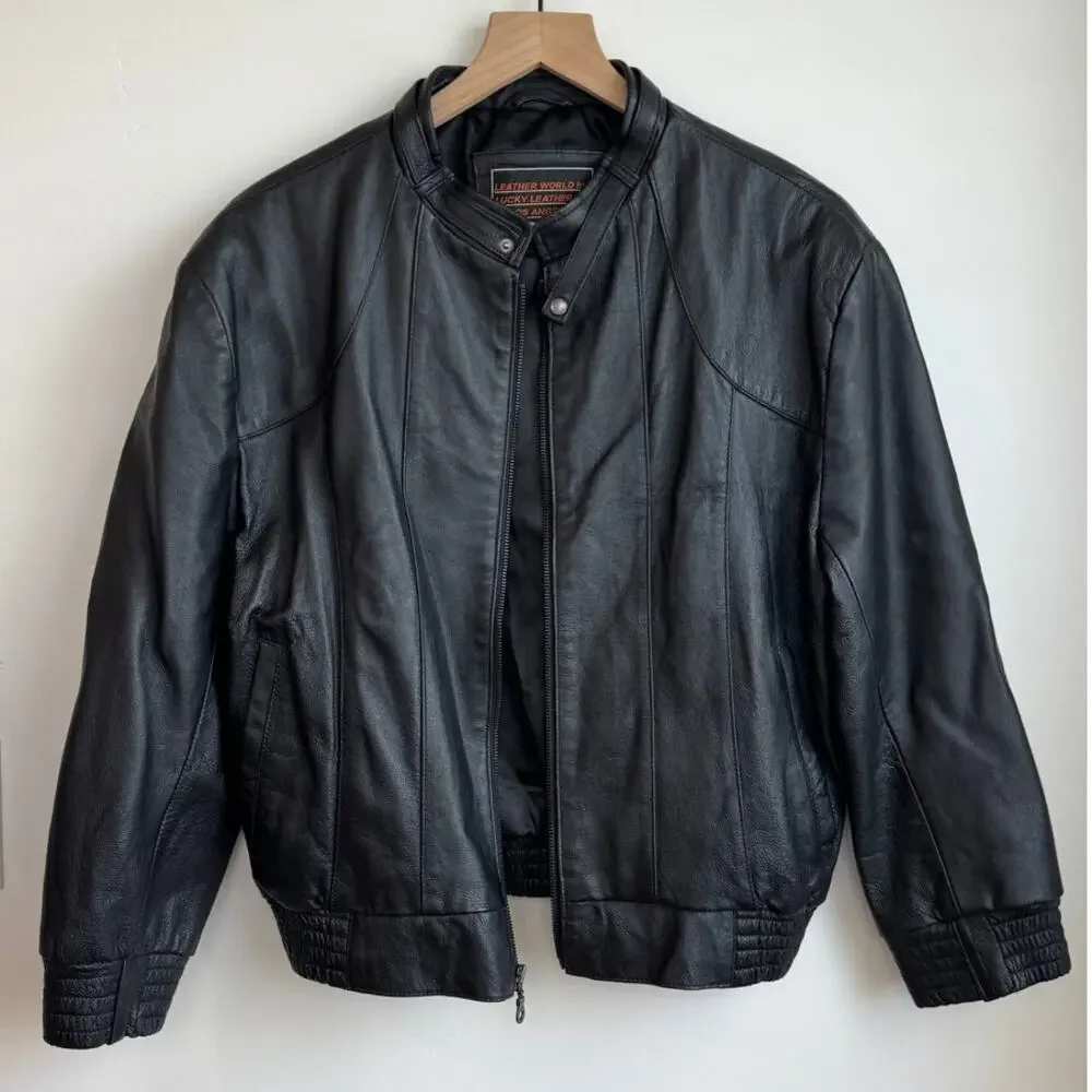 Vintage Men's Leather Black Leather Bomber Jacket Size Small